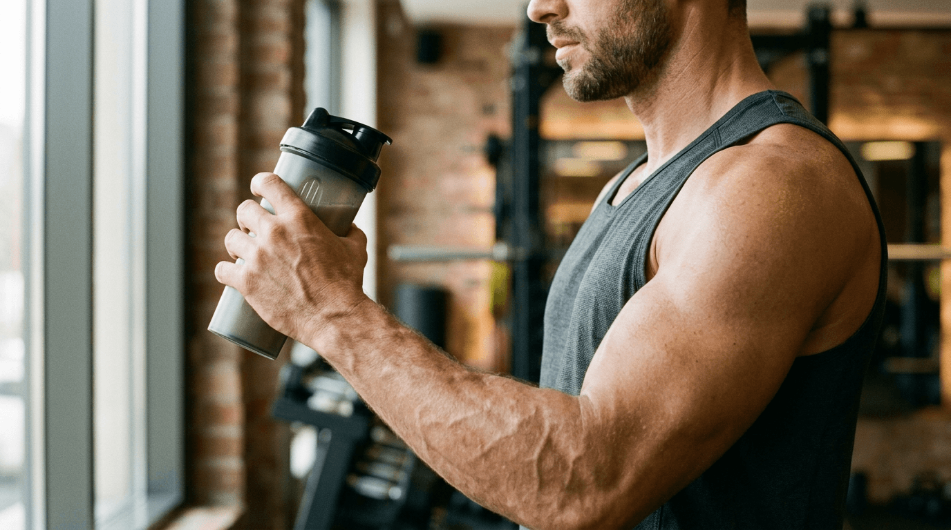 Homme buvant un shaker de protéine en salle de sport