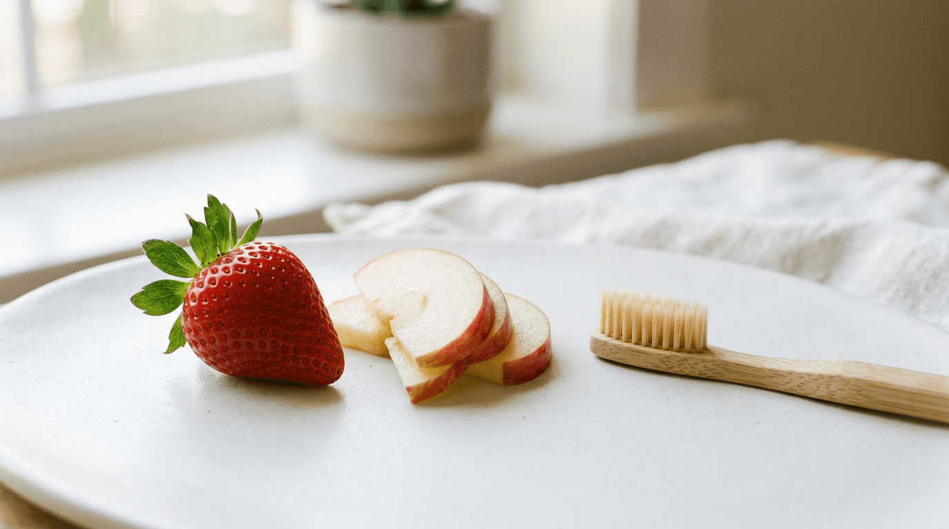 Fraise et tranches de pomme à côté d'une brosse à dents en bambou