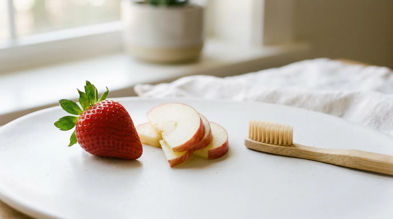 Strawberry and apple slices next to a bamboo toothbrush