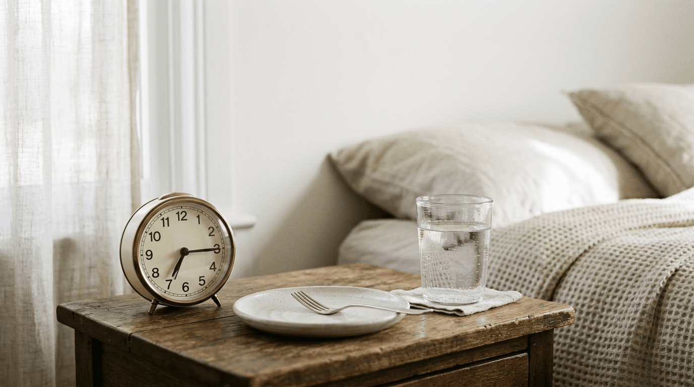 Réveil, assiette vide et verre d'eau sur une table de nuit