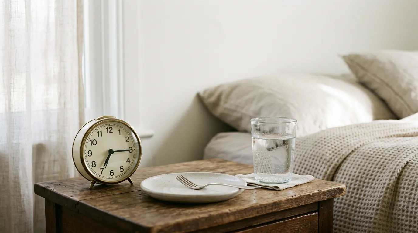 Alarm clock, empty plate and glass of water on a nightstand