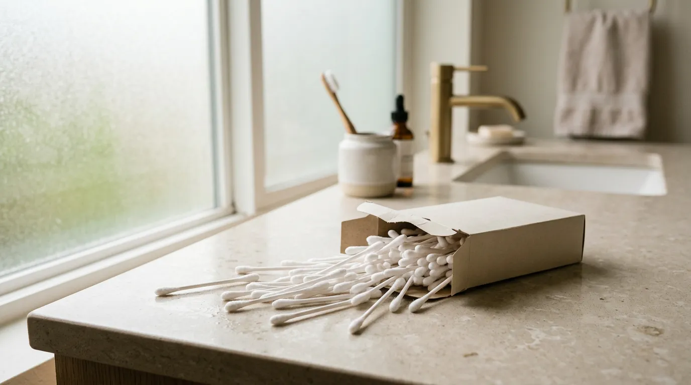 Spilled box of cotton swabs on a bathroom counter