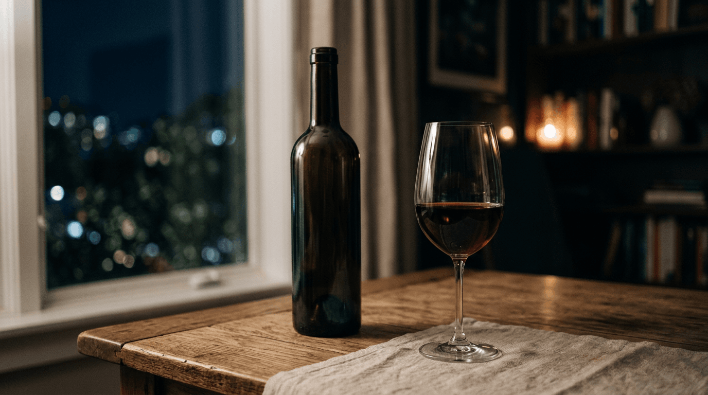 Bouteille de vin rouge et verre à moitié plein sur une table, le soir