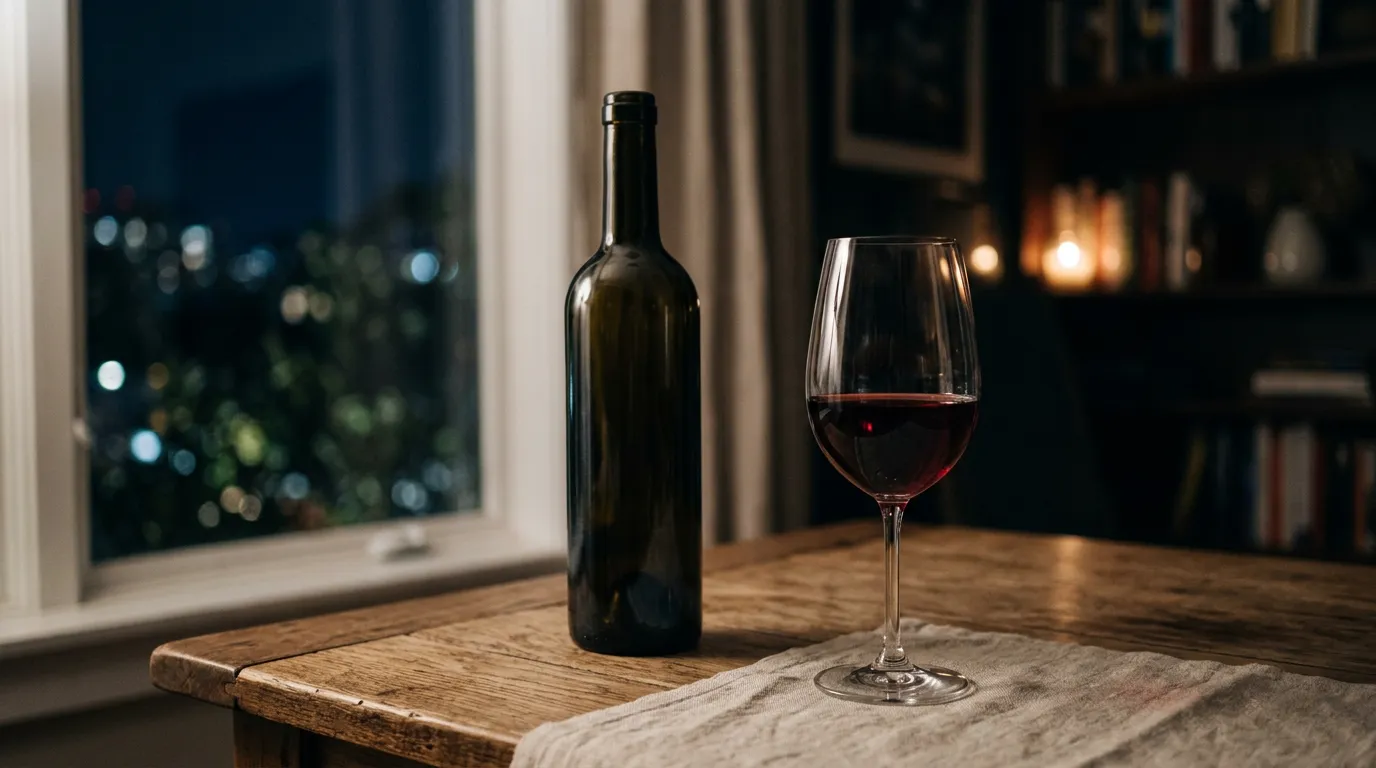 Bottle of red wine and a half-full glass on a table in the evening