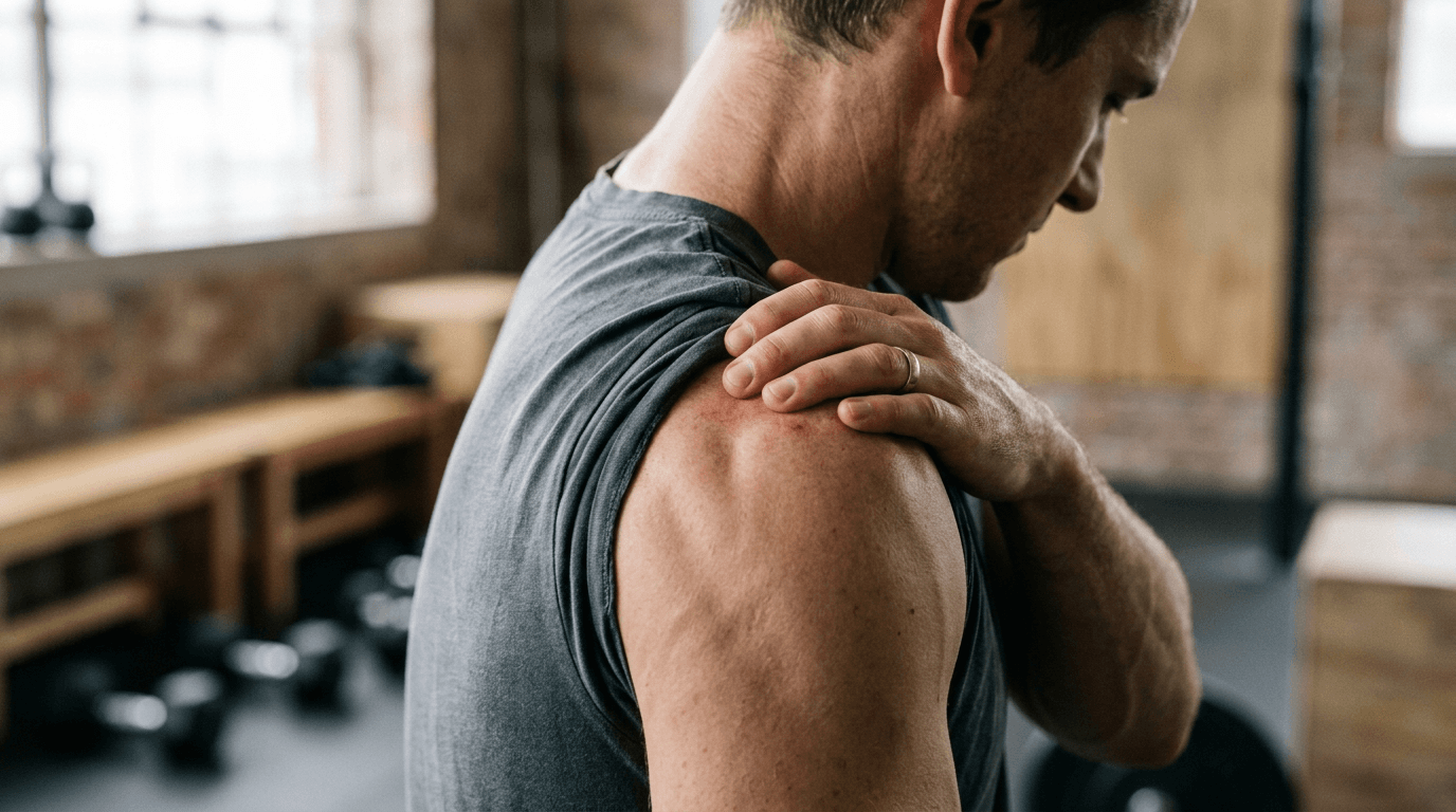Homme se massant l'épaule en salle de sport après l'entraînement