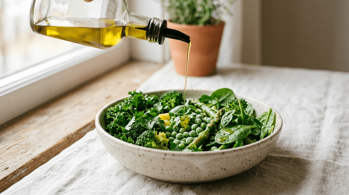 Huile d'olive versée sur un bol de légumes verts variés