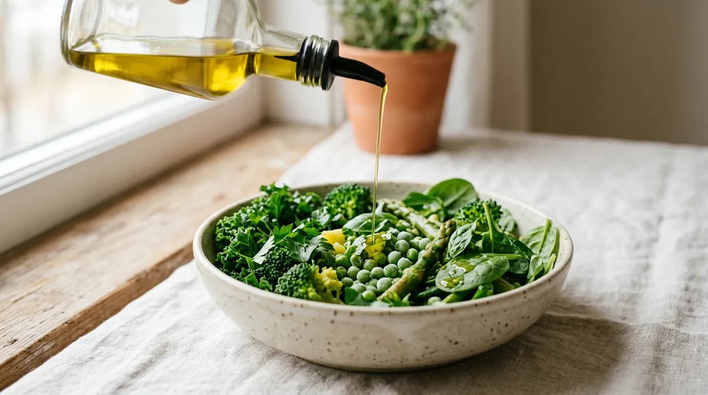 Olive oil being poured over a bowl of mixed leafy greens