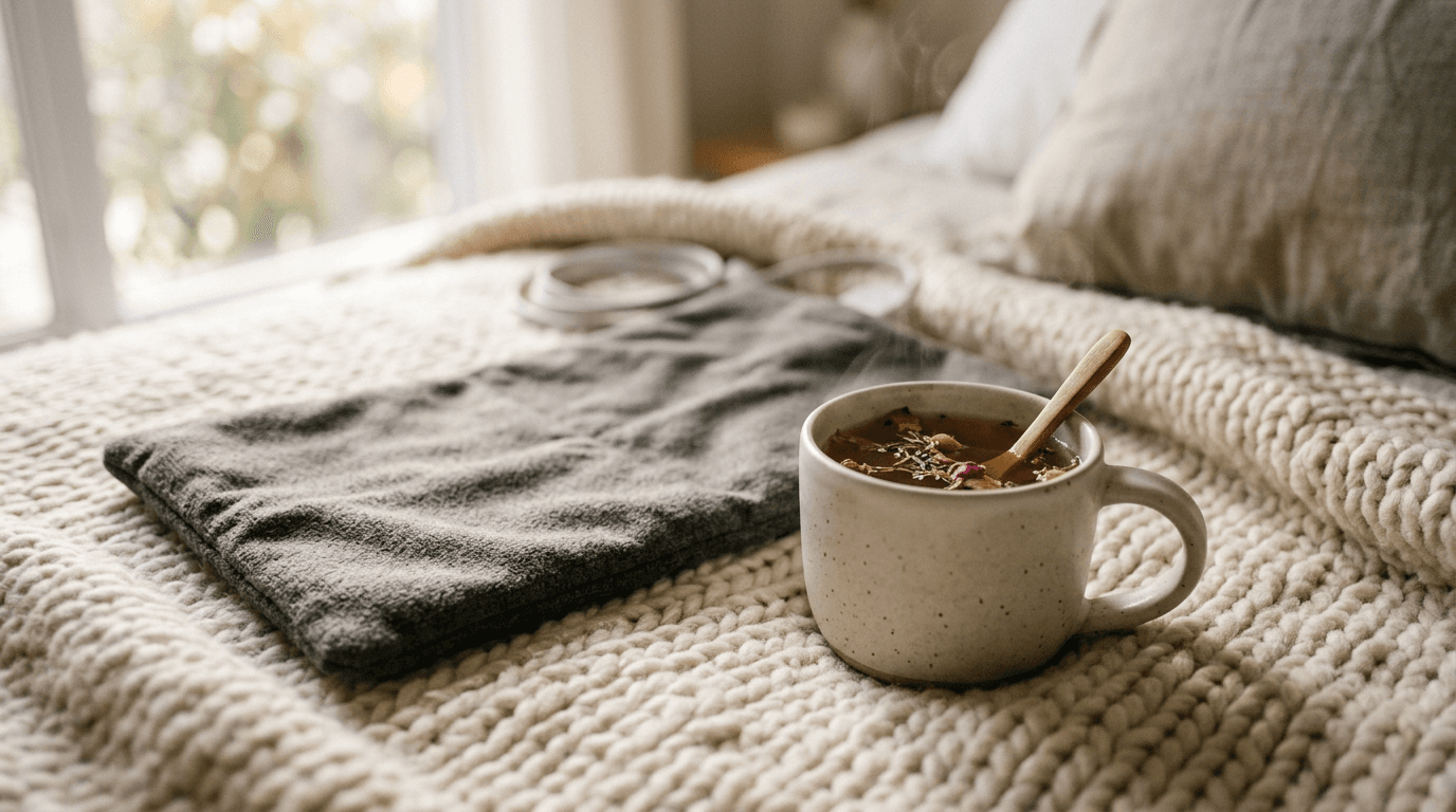 Tasse de tisane fumante posée sur un plaid tricoté, chambre cosy