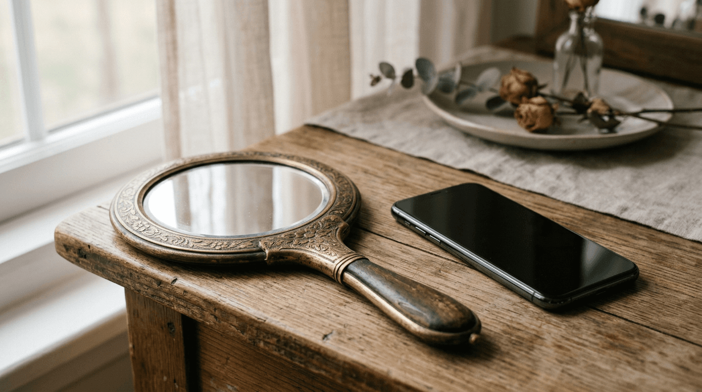 Miroir à main ancien à côté d'un smartphone sur une commode en bois