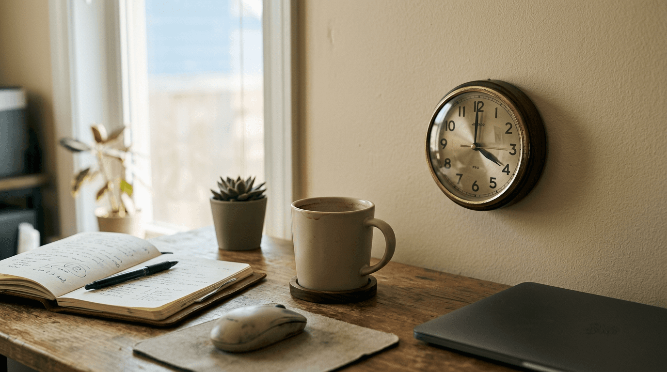 Bureau avec tasse de café, carnet manuscrit et horloge murale