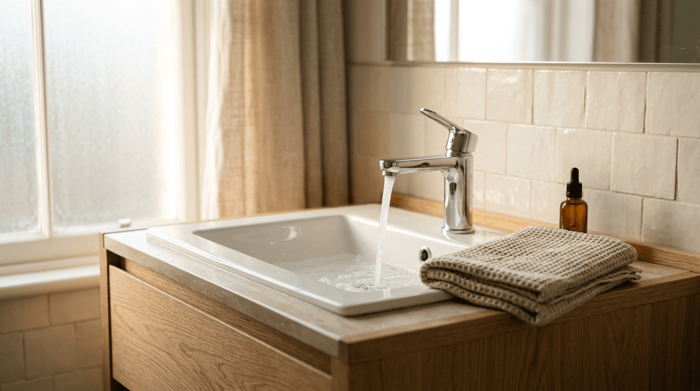 Robinet de salle de bain qui coule, serviette pliée et flacon de soin