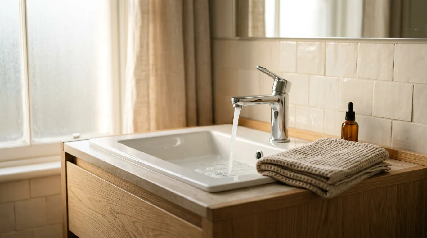 Running bathroom tap, folded towel and a skincare bottle
