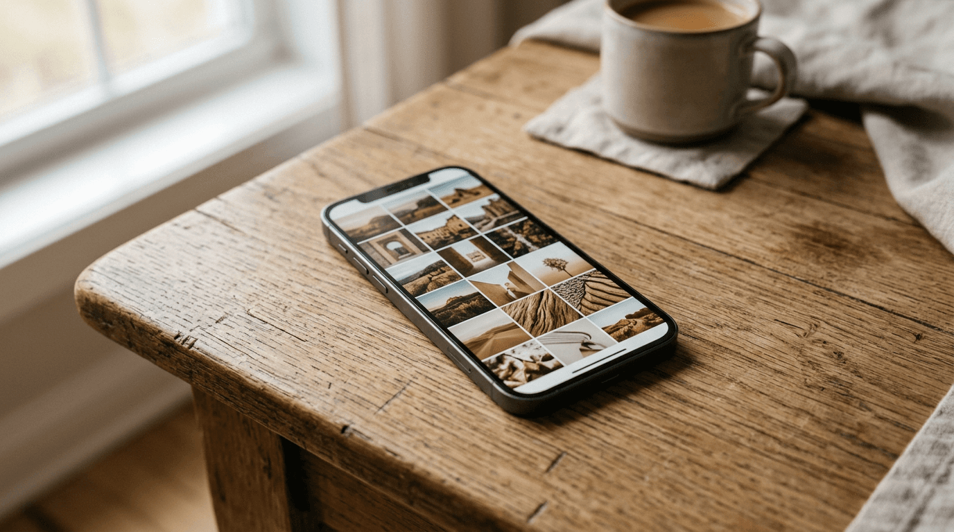 Smartphone affichant une grille de photos sur une table en bois