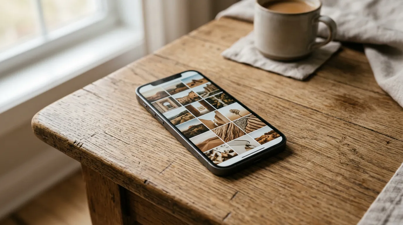 Smartphone showing a grid of photos on a wooden table