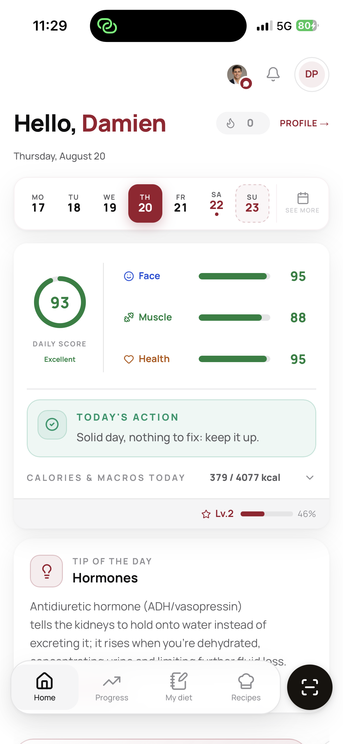 HALOIA home screen · today's Face, Muscle and Health scores