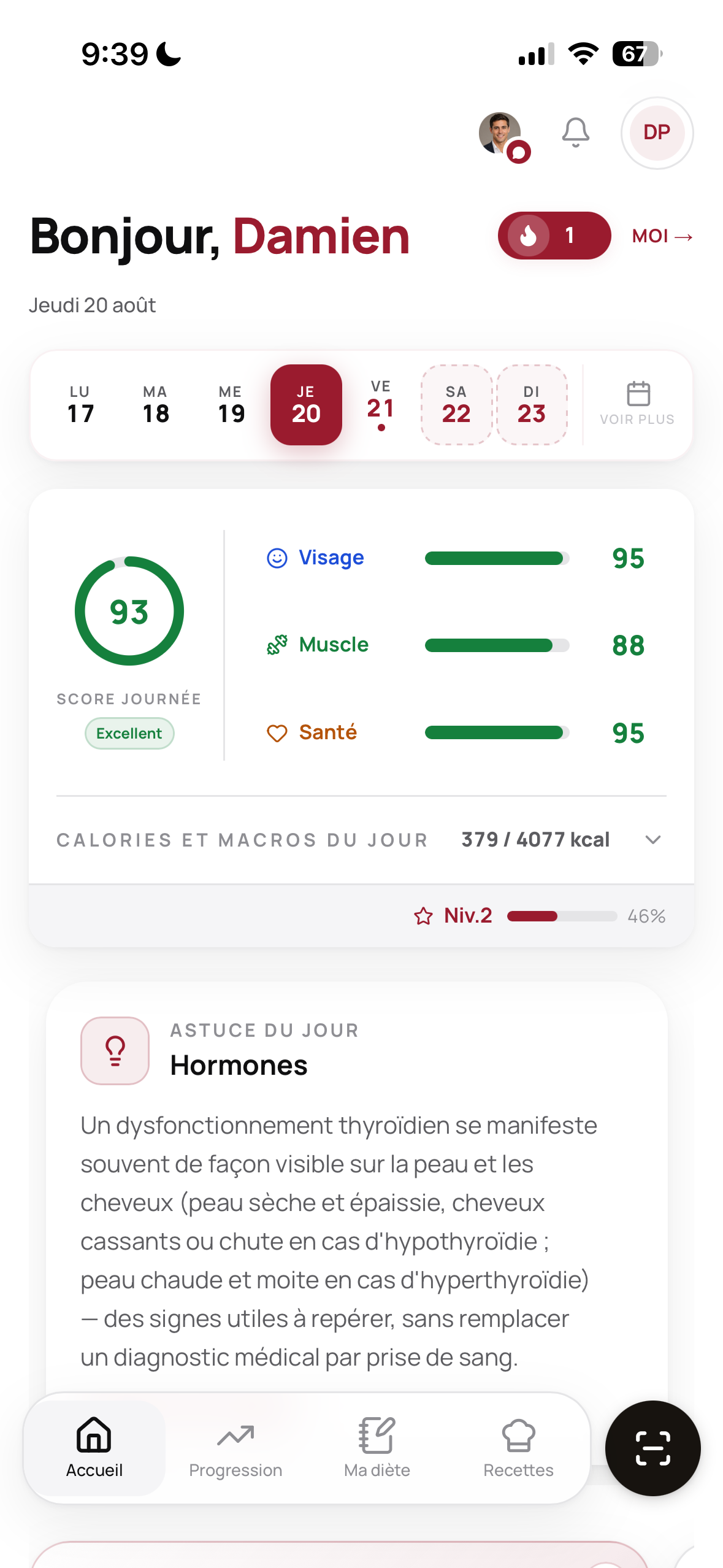 Écran d'accueil HALOIA · scores Visage, Muscle et Santé du jour