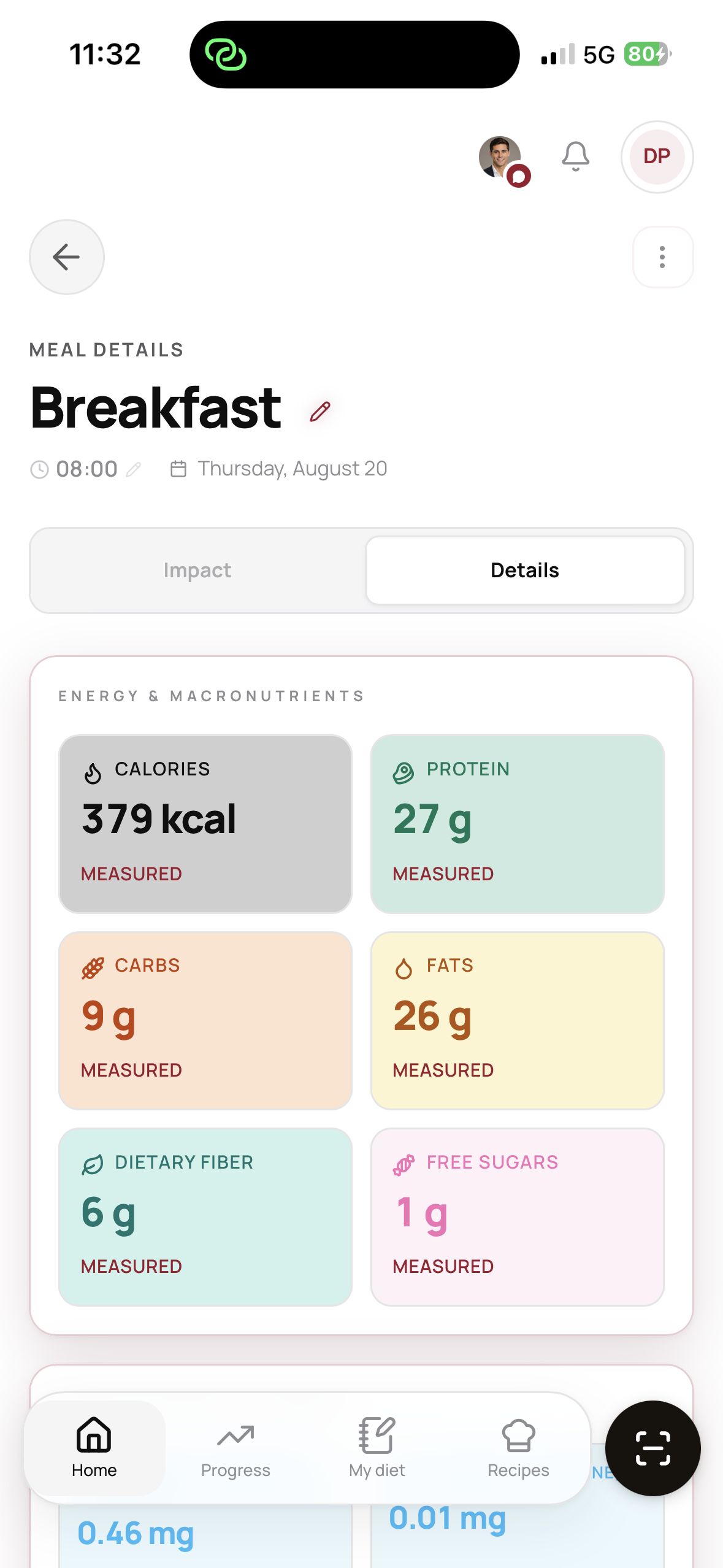 HALOIA nutrient detail · measured calories, macros and vitamins